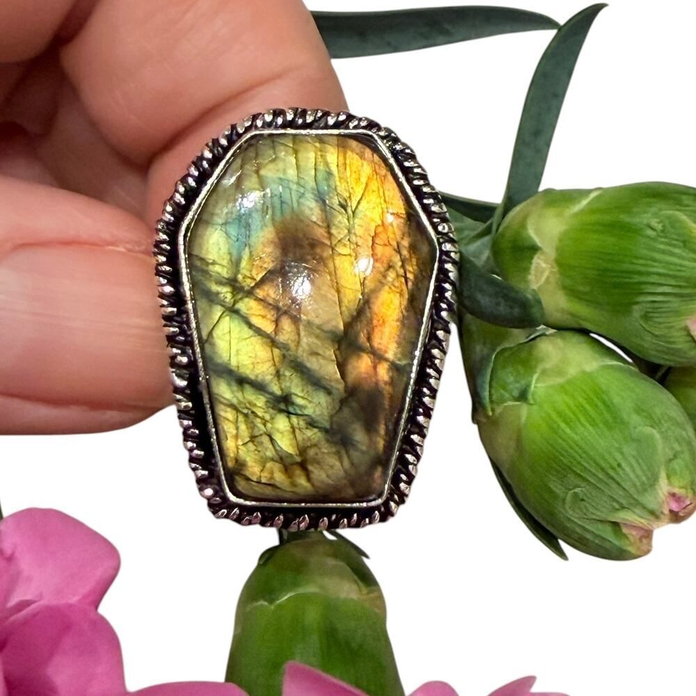 Coffin Labradorite Ring Size 9 Silver Plated Fiery Flash Statement